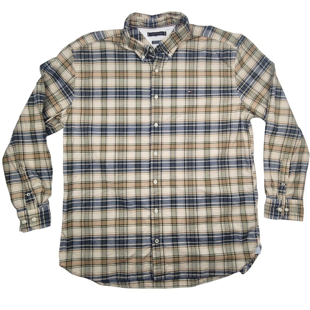 Tommy Hilfiger Mens XXLT Plaid Tan Blue Regular Fit Stretch Button Down Shirt